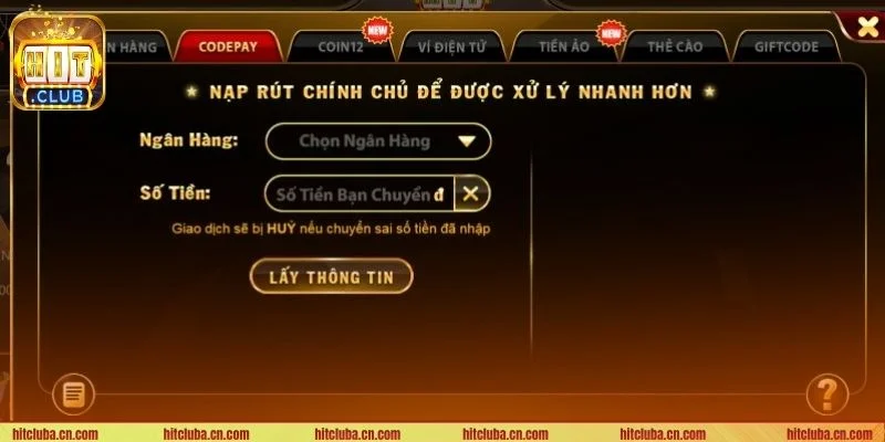 Các phương thức nạp tiền HITCLUB đang được hỗ trợ.